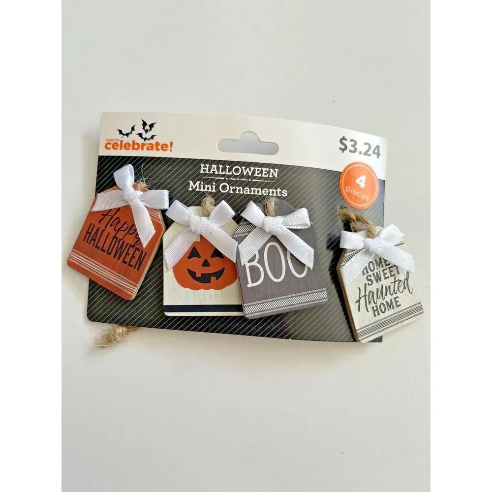 5 Target Bullseye & Celebrate! Wood Halloween Ornament Tags Cat Witch Candy Corn